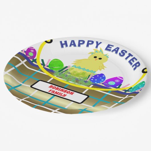 Geel Kuiken Ei Blauw Goud Paasmand Papieren Bordje (Gekanteld)