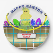 Geel Kuiken Ei Blauw Goud Paasmand Papieren Bordje (Voorkant)