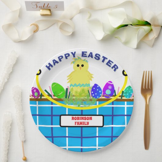 Geel Kuiken Ei Blauw Wit Paasmand Papieren Bordje (Huwelijk)