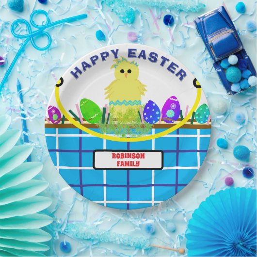 Geel Kuiken Ei Blauw Wit Paasmand Papieren Bordje (Feest)