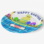 Geel Kuiken Ei Blauw Wit Paasmand Papieren Bordje (Gekanteld)