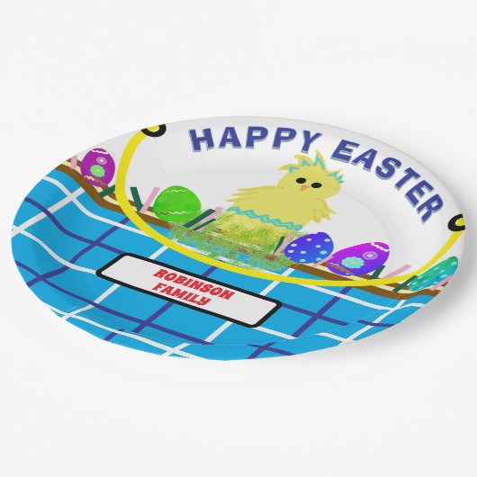 Geel Kuiken Ei Blauw Wit Paasmand Papieren Bordje (Gekanteld)