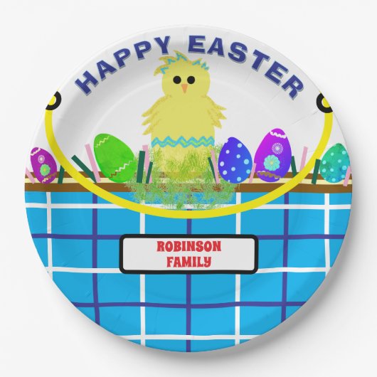 Geel Kuiken Ei Blauw Wit Paasmand Papieren Bordje (Voorkant)