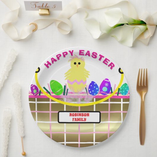 Geel Kuiken Ei Roze Gouden Paasmand Papieren Bordje (Huwelijk)