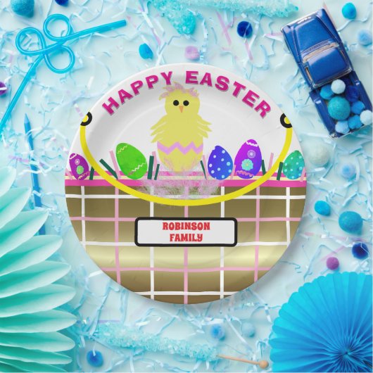 Geel Kuiken Ei Roze Gouden Paasmand Papieren Bordje (Feest)