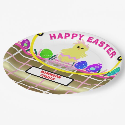 Geel Kuiken Ei Roze Gouden Paasmand Papieren Bordje (Gekanteld)