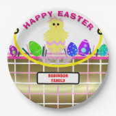 Geel Kuiken Ei Roze Gouden Paasmand Papieren Bordje (Voorkant)