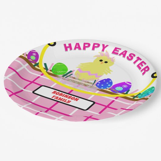 Geel Kuiken Ei Roze Witte Paasmand Papieren Bordje (Gekanteld)