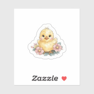 Geel kuiken met bloemen sticker