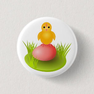 Geel kuiken zit op ei en wacht op zijn zus ronde button 3,2 cm