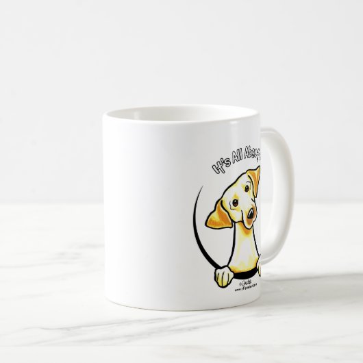 Geel lab alles over mij koffiemok (Voorkant rechts)