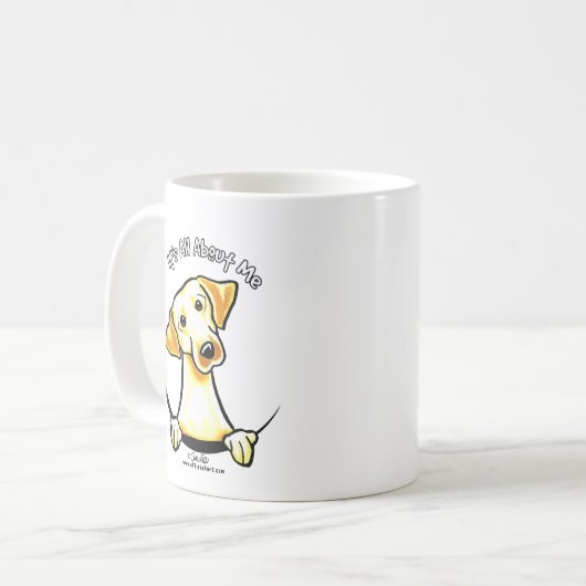 Geel lab alles over mij koffiemok (Voorkant links)