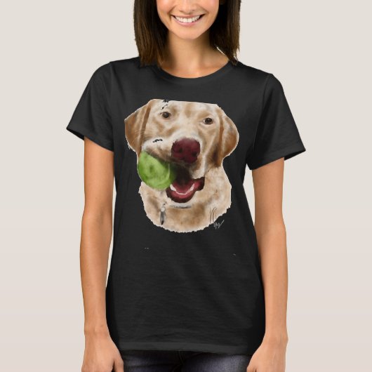 Geel lab met een groene bal t-shirt (Voorkant)