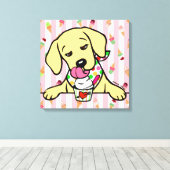 Geel Lab Puppy Ice Cream Canvas Afdruk (Insitu (Houten vloer))