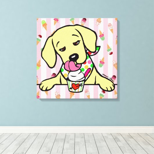 Geel Lab Puppy Ice Cream Canvas Afdruk (Insitu (Houten vloer))
