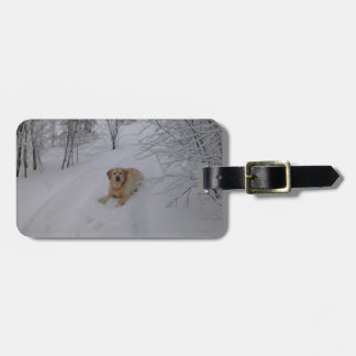 Geel lab, relaxerend in verse wintersneeuw bagagelabel