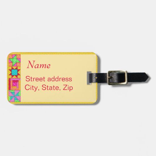 Geel Label van de Quilt Block Luggage of naaimachi Bagagelabel (Voorkant horizontaal)