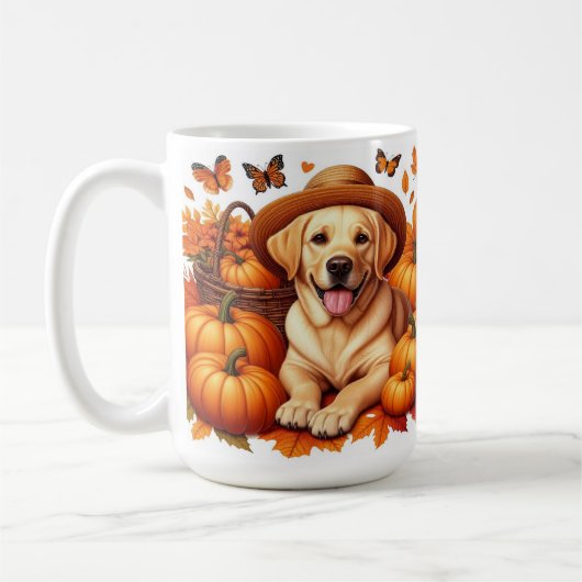 Geel labo met stropompoenen en Petten herfstblad Koffiemok (Links)