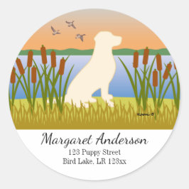 geel labrador vogel hond zonsondergang adres ronde sticker