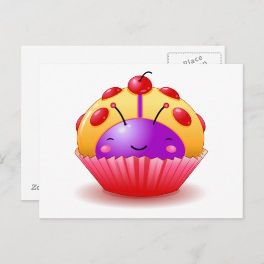 Geel Ladybug Cupcake Briefkaart (Voorkant / Achterkant)