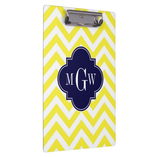 Geel lamsvlees Chevron Navy Quatrefoil 3 Monogram Klembord (Rechts)