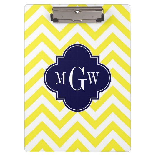 Geel lamsvlees Chevron Navy Quatrefoil 3 Monogram Klembord (Voorkant)
