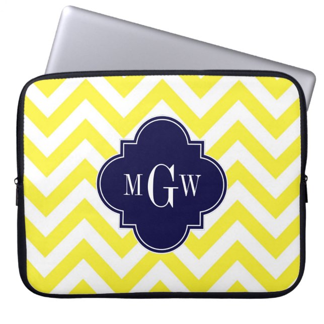 Geel lamsvlees Chevron Navy Quatrefoil 3 Monogram Laptop Sleeve (Voorkant)