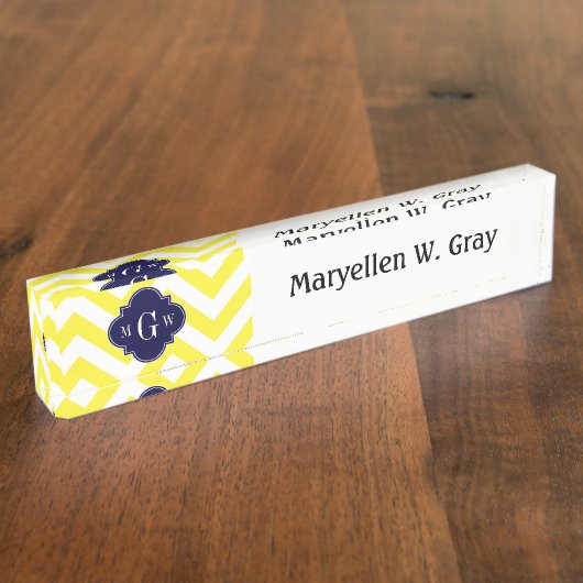 Geel lamsvlees Chevron Navy Quatrefoil 3 Monogram Naambordje (Zijkant)