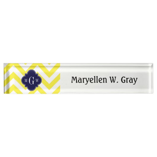 Geel lamsvlees Chevron Navy Quatrefoil 3 Monogram Naambordje (Voorkant)