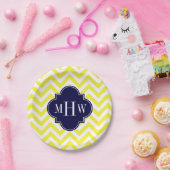 Geel lamsvlees Chevron Navy Quatrefoil 3 Monogram Papieren Bordje (Feest)
