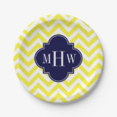 Geel lamsvlees Chevron Navy Quatrefoil 3 Monogram Papieren Bordje (Voorkant)