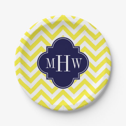 Geel lamsvlees Chevron Navy Quatrefoil 3 Monogram Papieren Bordje (Voorkant)