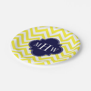 Geel lamsvlees Chevron Navy Quatrefoil 3 Monogram Papieren Bordje