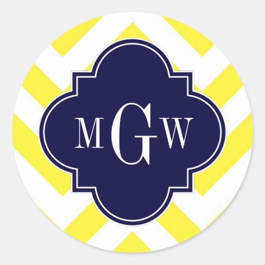 Geel lamsvlees Chevron Navy Quatrefoil 3 Monogram Ronde Sticker (Voorkant)