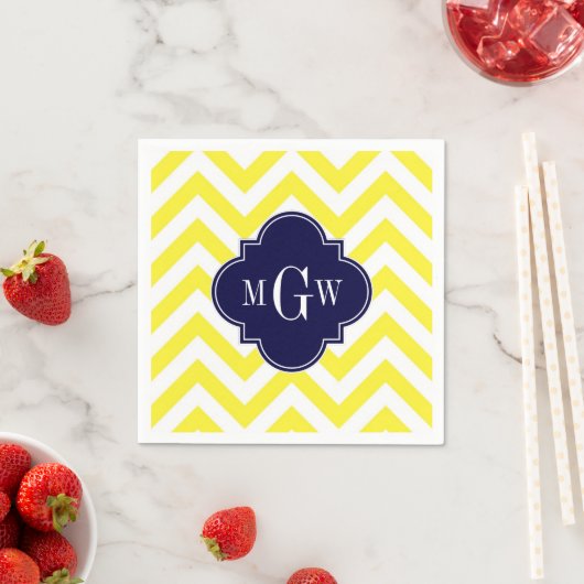 Geel lamsvlees Chevron Navy Quatrefoil 3 Monogram Servetten (Insitu)