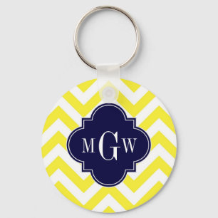 Geel lamsvlees Chevron Navy Quatrefoil 3 Monogram Sleutelhanger