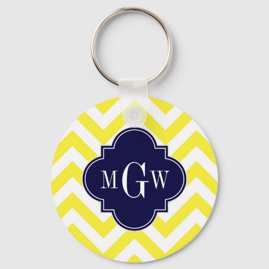 Geel lamsvlees Chevron Navy Quatrefoil 3 Monogram Sleutelhanger (Voorkant)