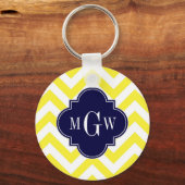 Geel lamsvlees Chevron Navy Quatrefoil 3 Monogram Sleutelhanger (Voorkant)