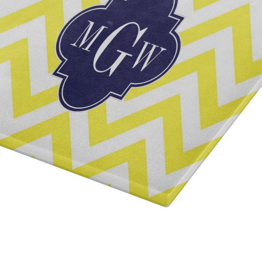 Geel lamsvlees Chevron Navy Quatrefoil 3 Monogram Snijplank (Hoek)