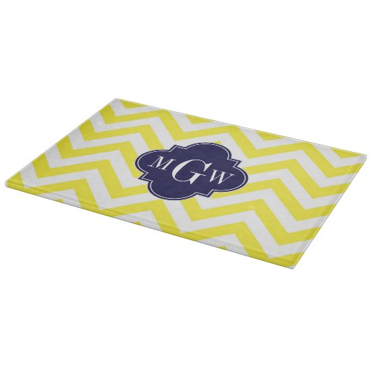 Geel lamsvlees Chevron Navy Quatrefoil 3 Monogram Snijplank (Hoek)