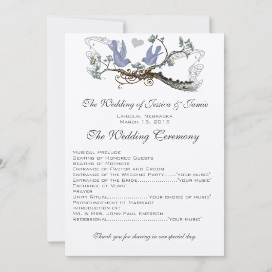 Geel & Lavendel  Lovebird Trouwprogramma Kaart (Voorkant)