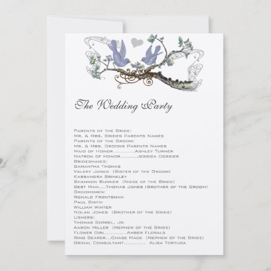 Geel & Lavendel  Lovebird Trouwprogramma Kaart (Achterkant)