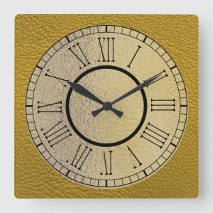 Geel leder met gouden en Romeinse cijfers Vierkante Klok
