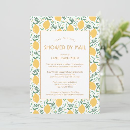 Geel Lemon Citrus Greenery Baby shower per post Kaart (Staand voorkant)