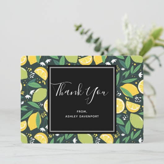 Geel lemon en groen Limoen fruitpatroon Dank u wel Bedankkaart (Staand voorkant)
