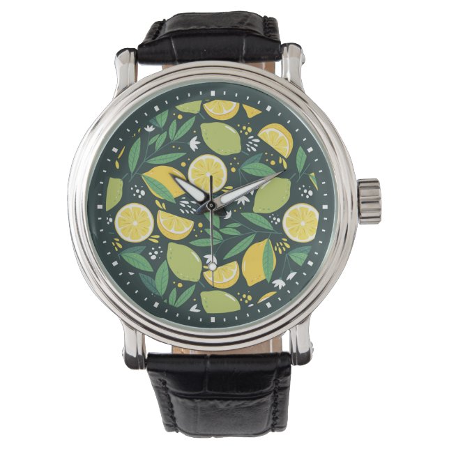 Geel lemon en groen Limoen fruitpatroon Horloge (Voorkant)