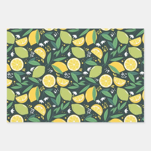 Geel lemon en groen Limoen fruitpatroon Inpakpapier Vel (Voorkant)