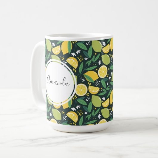 Geel lemon en groen Limoen fruitpatroon Koffiemok (Voorkant links)