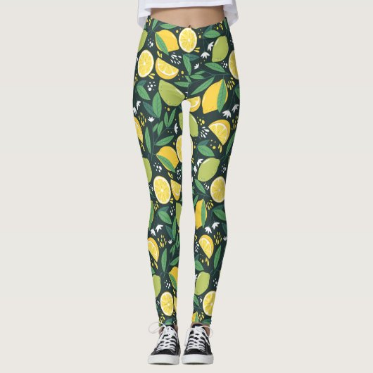 Geel lemon en groen Limoen fruitpatroon Leggings (Voorkant)