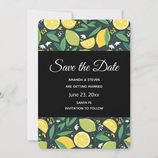 Geel lemon en groen Limoen fruitpatroon Save The Date (Voorkant)